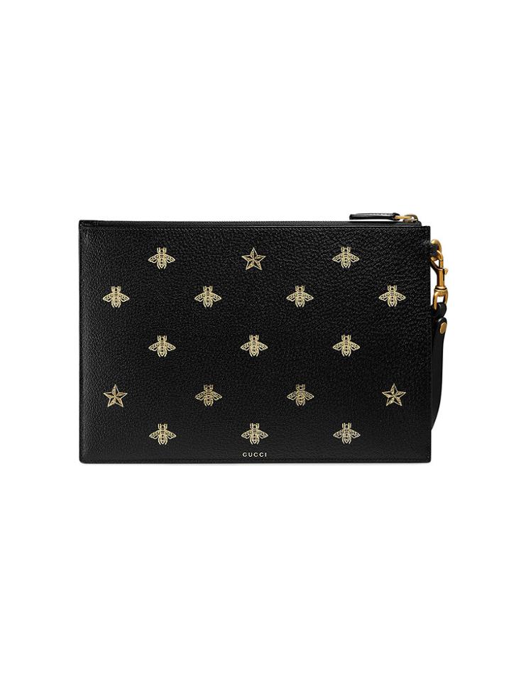 Gucci Bee Star Leather Pouch - Black