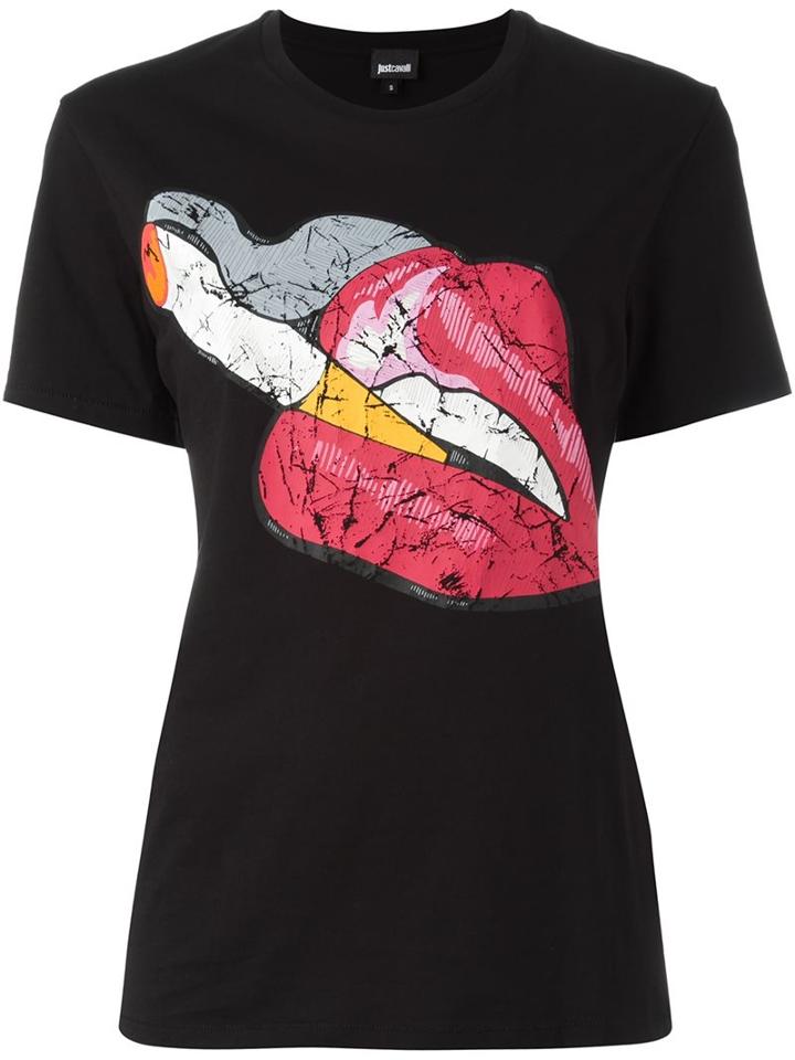 Just Cavalli 'lips' Print T-shirt, Women's, Size: Medium, Black, Cotton