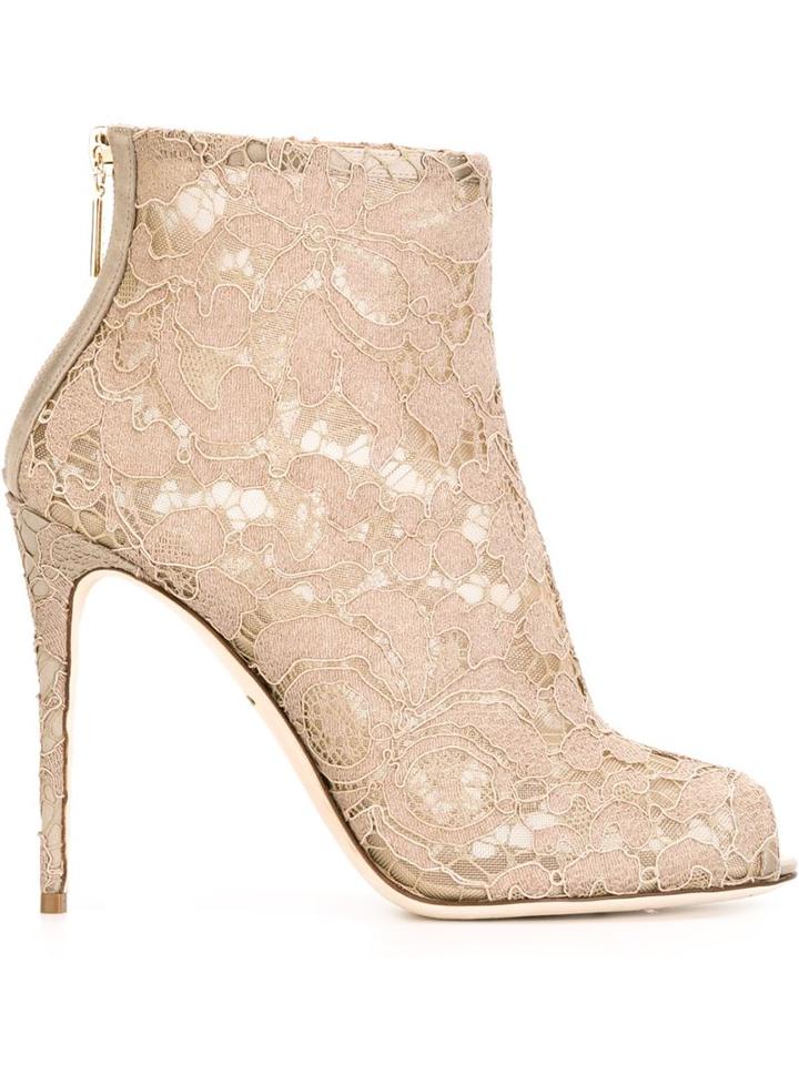 Dolce & Gabbana Floral Lace Booties, Women's, Size: 40, Nude/neutrals, Leather/other Fibres