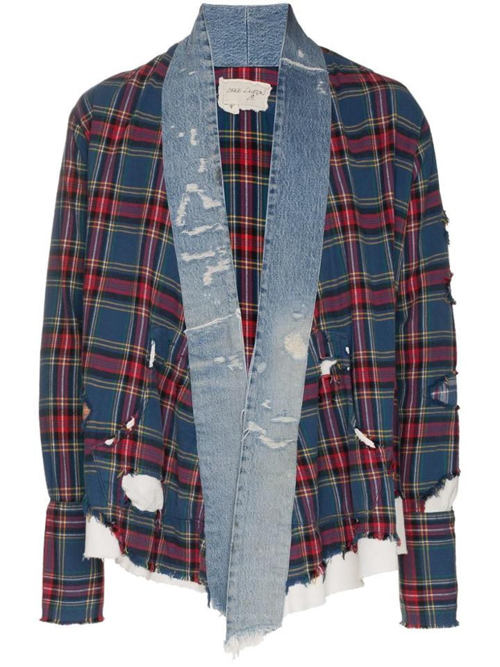Greg Lauren Checked And Denim Front Cotton Kimono - Blue