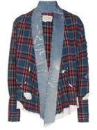 Greg Lauren Checked And Denim Front Cotton Kimono - Blue