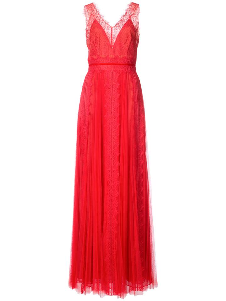 Marchesa Notte Pleated Lace And Tulle Gown - Red