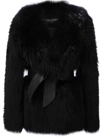 Balmain Belted Oversize Fur Coat, Women's, Size: 36, Black, Silk/racoon Fur/lamb Skin