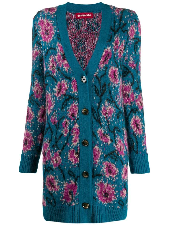 Guardaroba Long Floral Intarsia Cardigan - Blue