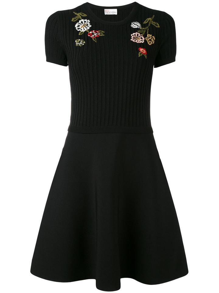 Red Valentino - Floral Embroidery Flared Dress - Women - Polyamide/viscose - M, Black, Polyamide/viscose