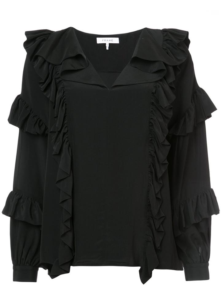 Frame Denim Ruffled V-neck Blouse - Black