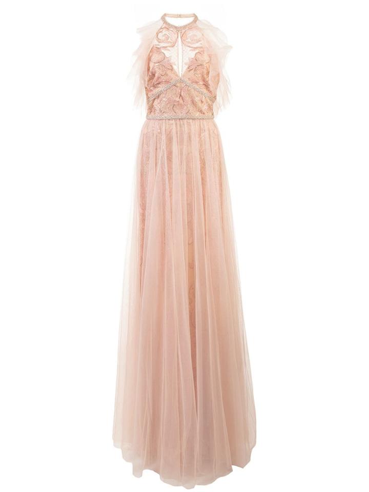 Marchesa Notte Embroidered Halterneck Top Dress - Nude & Neutrals