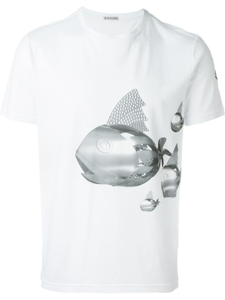 Moncler Mechanical Fish Print T-shirt, Men's, Size: L, White, Cotton