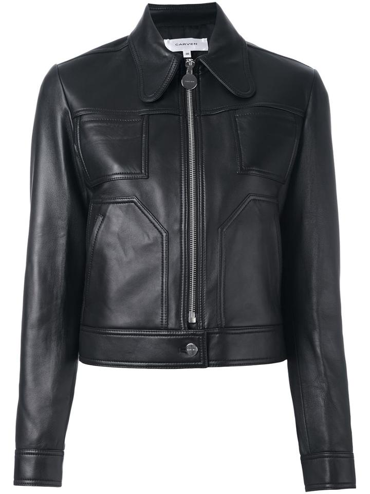 Carven Cropped Leather Jacket, Women's, Size: 40, Black, Lamb Skin/acetate