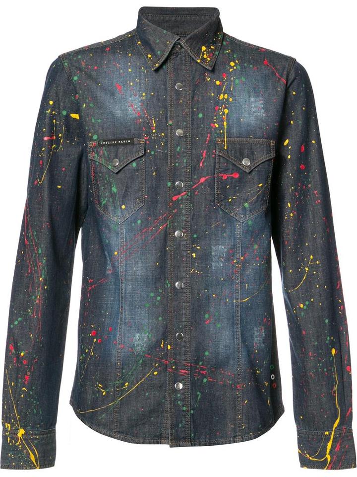 Philipp Plein Odawa Denim Shirt, Men's, Size: Large, Blue, Cotton/rhinestone