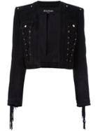 Balmain Cropped Fringed Sleeve Jacket, Women's, Size: 38, Black, Lamb Skin/viscose/cotton