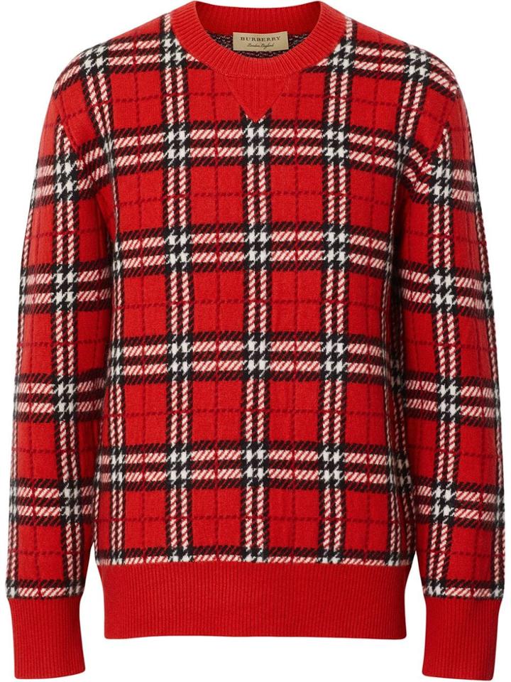 Burberry Check Cashmere Jacquard Sweater - Red