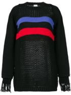 Akep Open Knit Striped Sweater With Fringe Cuffs - Black