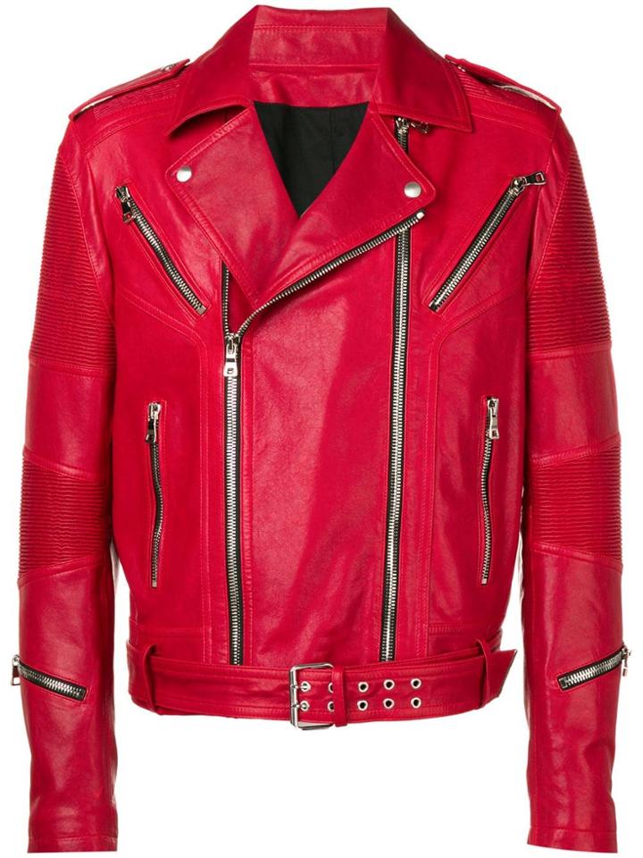 Balmain Zip Detail Biker Jacket - Red