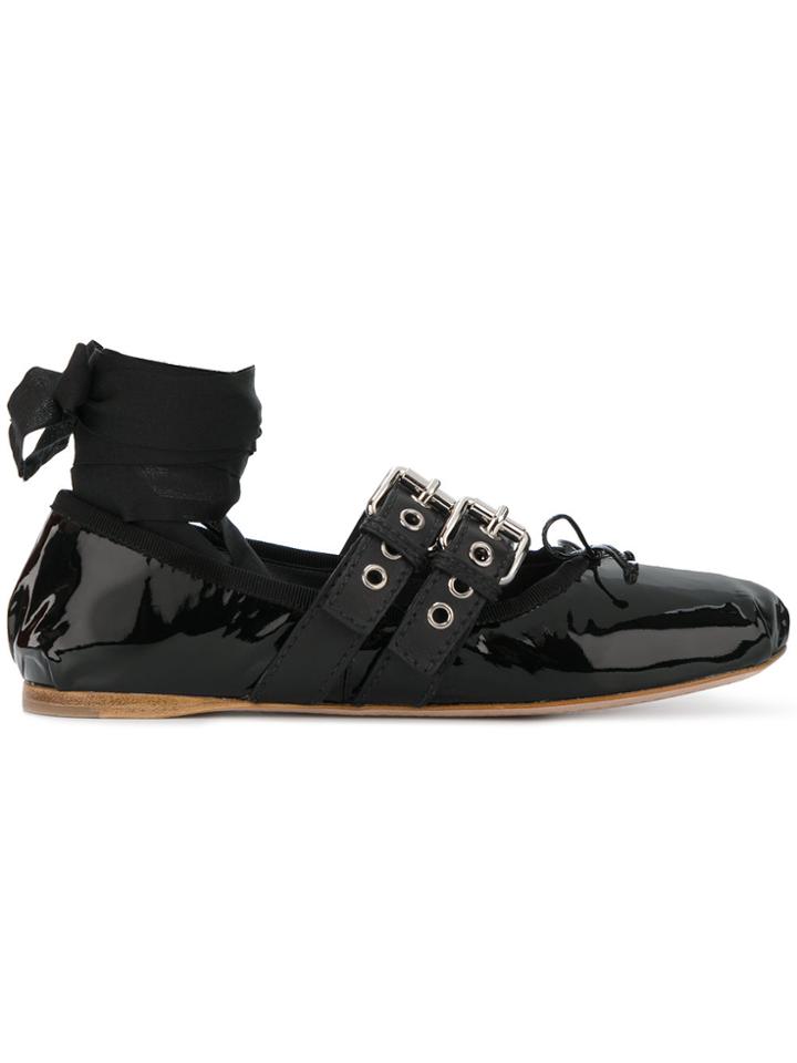 Miu Miu Lace-up Buckled Ballerinas - Black
