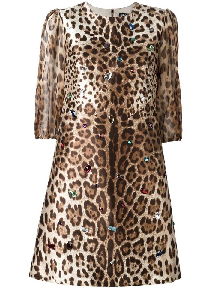 Dolce & Gabbana Leopard Print Dress, Women's, Size: 42, Nude/neutrals, Silk/wool/crystal