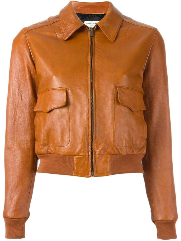 Saint Laurent Cropped Bomber Jacket, Women's, Size: 40, Brown, Cotton/leather/cupro/wool