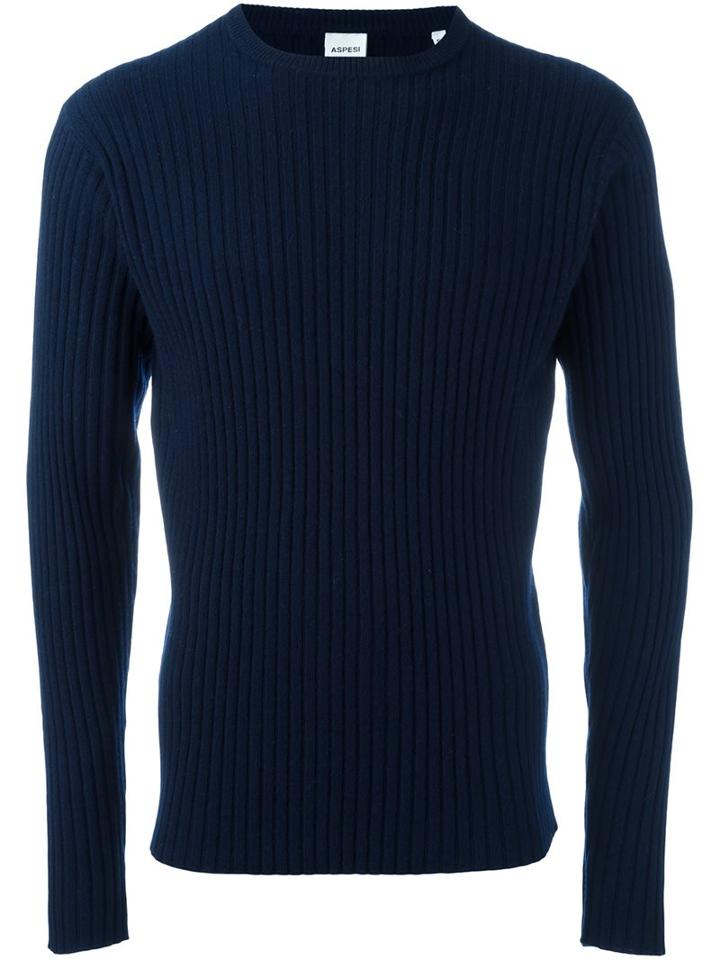 Aspesi Ribbed Pullover, Men's, Size: 48, Blue, Cashmere/wool/yak