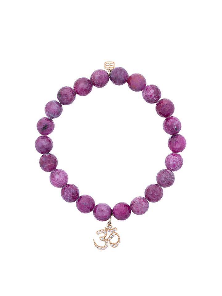 Sydney Evan 14kt Gold Ruby Beaded Bracelet With Diamond Om Charm - Red