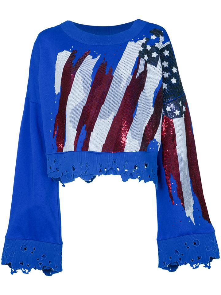 Amen Distressed Beaded Cropped Sweatshirt - Blue
