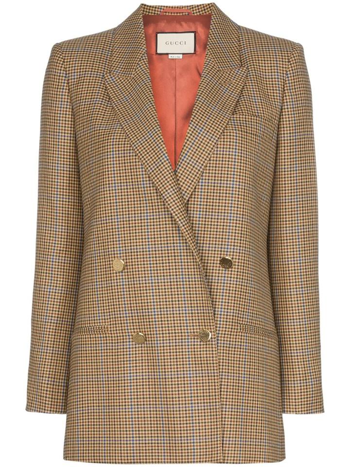 Gucci Double-breasted Check Print Floral Embroidered Blazer Jacket -