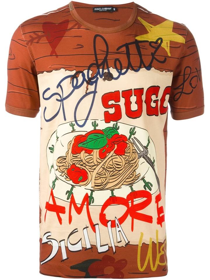 Dolce & Gabbana Spaghetti Print T-shirt, Men's, Size: 44, Brown, Cotton