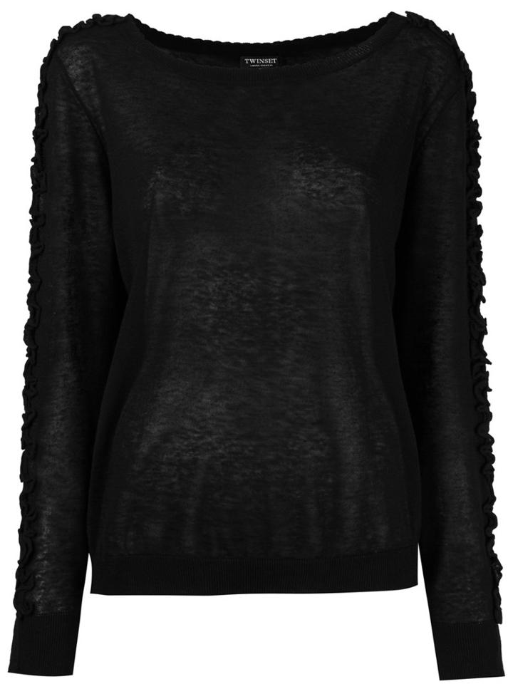 Twin-set Boat Neck Ruffled Blouse, Size: Xs, Black, Linen/flax/cotton