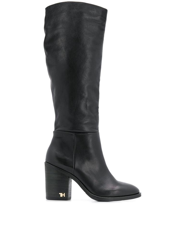 Tommy Hilfiger Logo Hardware Calf High Boots - Black