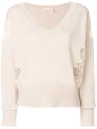 Chloé - Lace Detail V Neck Sweater - Women - Cashmere - M, Nude/neutrals, Cashmere