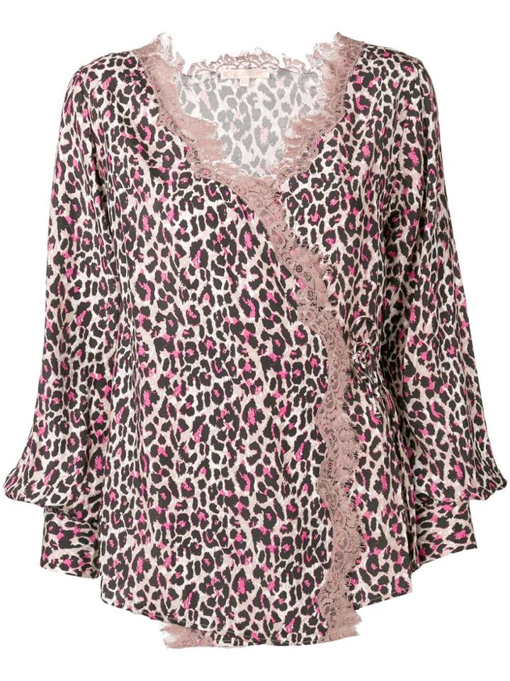 Gold Hawk Leopard Print Lace Trim Wrap Blouse - Neutrals