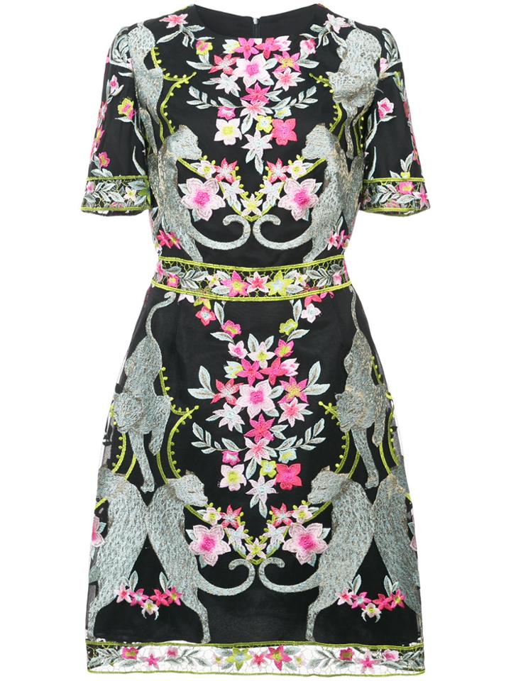 Marchesa Notte Floral And Leopard Embroidered Mini Dress - Black