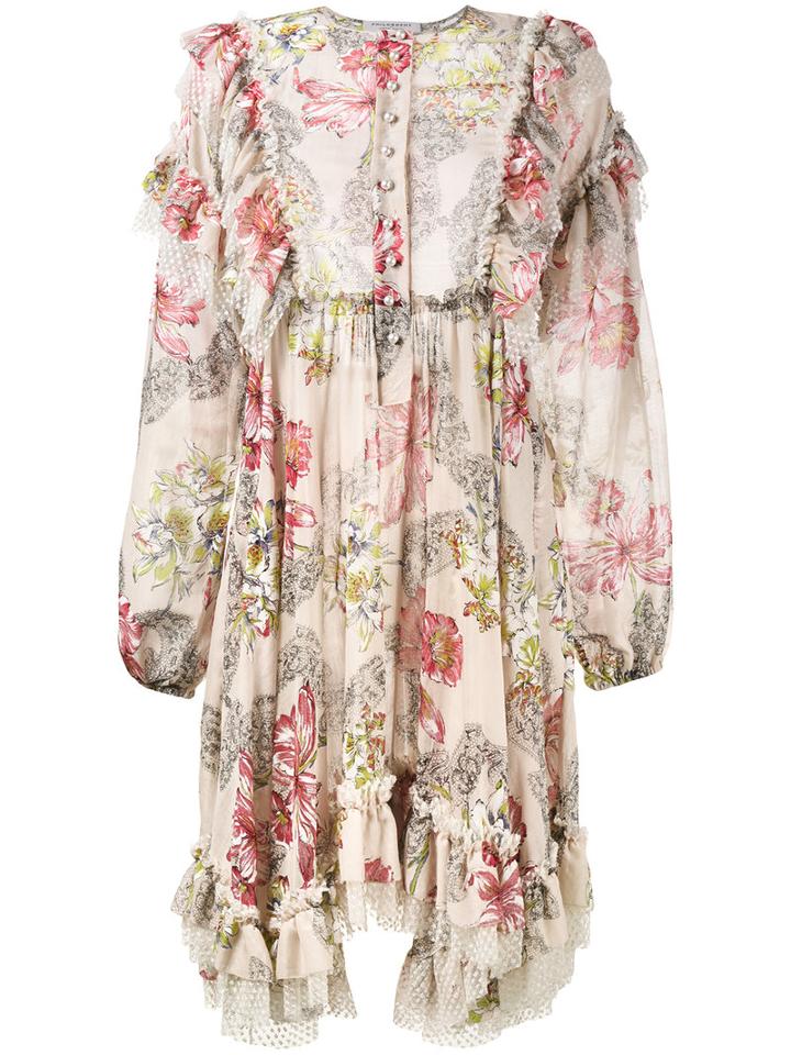 Philosophy Di Lorenzo Serafini - Floral Print Long Sleeve Ruffle Dress - Women - Silk/cotton - 38, Women's, Nude/neutrals, Silk/cotton