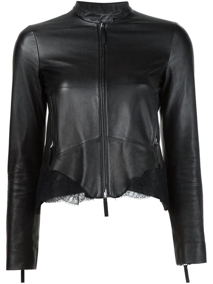 Roberto Cavalli Lace Insert Leather Jacket, Women's, Size: 44, Black, Sheep Skin/shearling/polyamide/viscose/silk