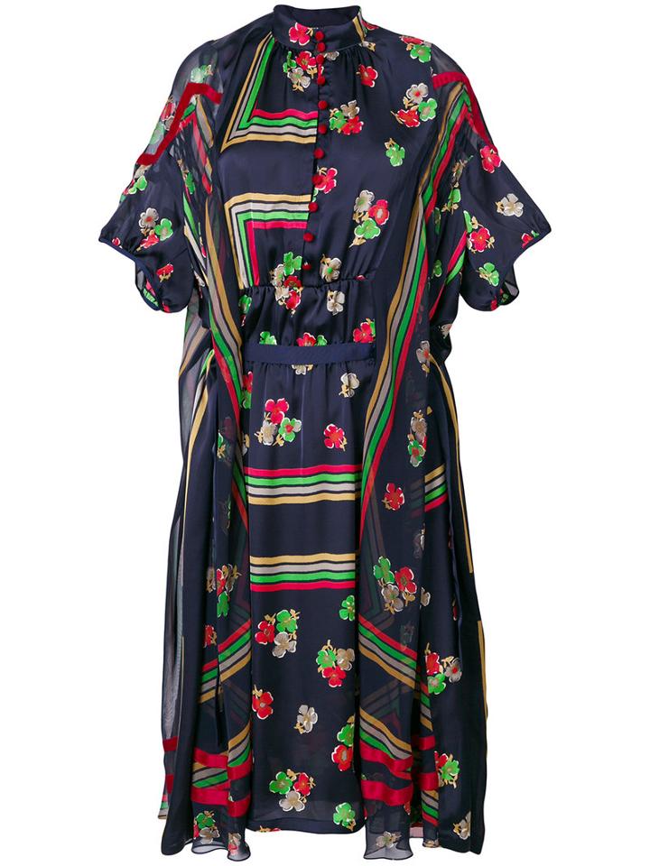 Sacai - Geometric And Floral Print Sheer Dress - Women - Cupro/polyester - 1, Blue, Cupro/polyester