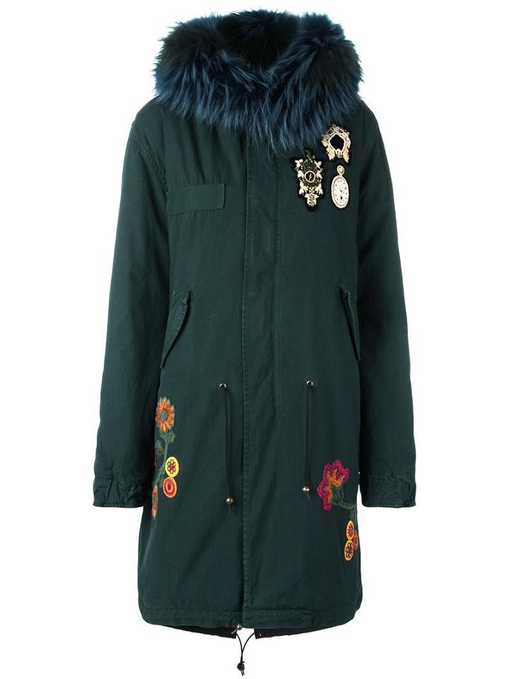 Mr & Mrs Italy Embroidered Parka, Women's, Size: Medium, Green, Cotton/lamb Skin/virgin Wool/racoon Fur