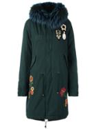 Mr & Mrs Italy Embroidered Parka, Women's, Size: Medium, Green, Cotton/lamb Skin/virgin Wool/racoon Fur