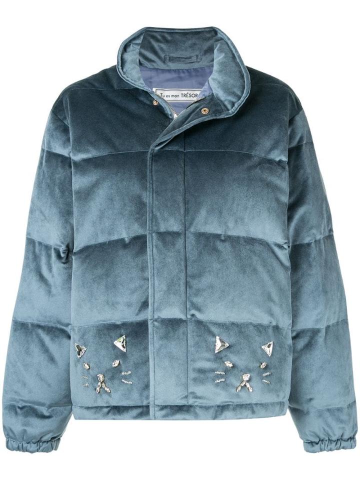 Tu Es Mon Trésor Cat Velours Short Down Jacket - Blue