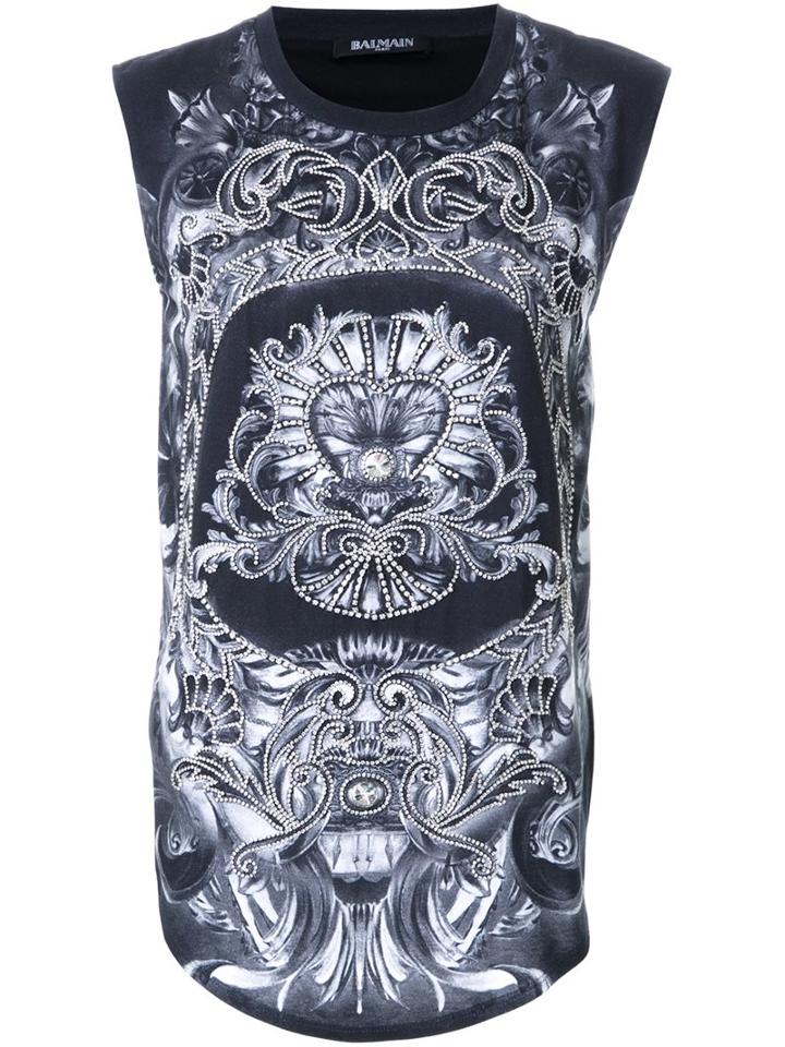 Balmain Embroidered Print Tank Top, Women's, Size: 36, Black, Cotton/metal/glass