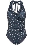 Ganni Cherry Print Ruffle Wrap Swimsuit - Blue