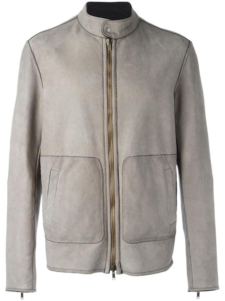 Salvatore Santoro Banded Collar Zipped Jacket, Men's, Size: 46, Grey, Leather/cotton