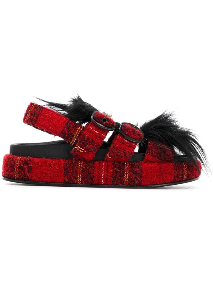 Simone Rocha Tartan Beaded Fur Chunky Slides - Red
