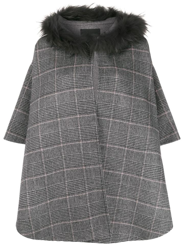Liska Boxy Fit Checked Pattern Cape - Grey