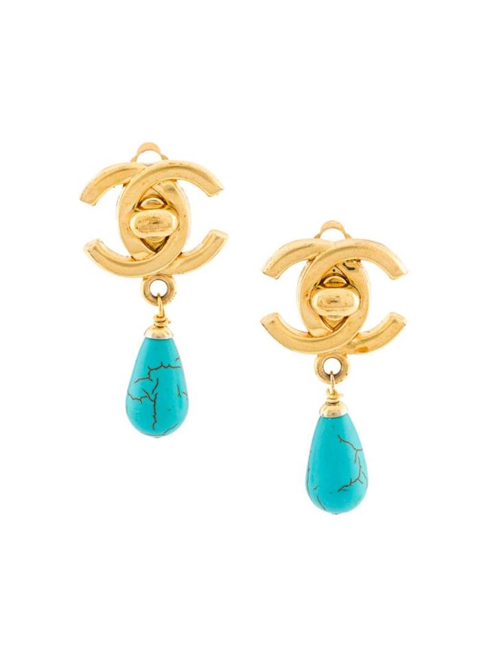 Chanel Vintage Turquoise Drop Clip-on Earrings, Women's, Metallic