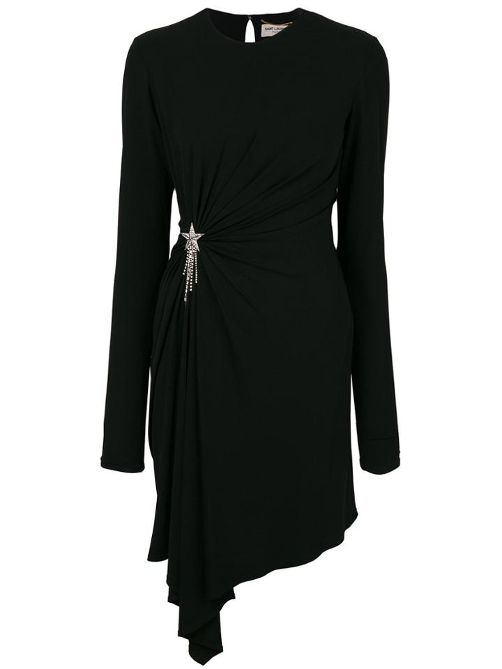 Saint Laurent Gathered Dress With Shooting Star Embellishment - Black