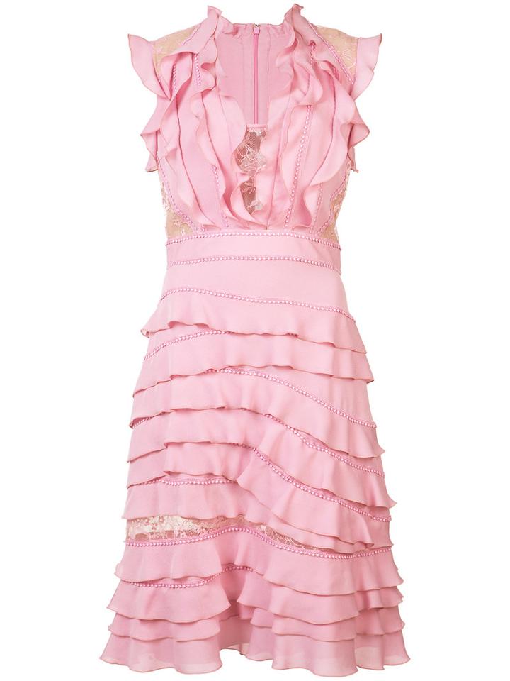 Elie Saab - Ruffled V-neck Dress - Women - Silk/nylon/polyester - 38, Pink/purple, Silk/nylon/polyester