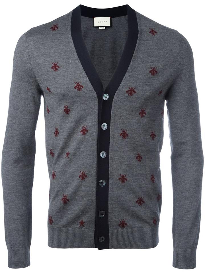 Gucci Bee And Star Embroidered Cardigan, Men's, Size: Xl, Grey, Wool