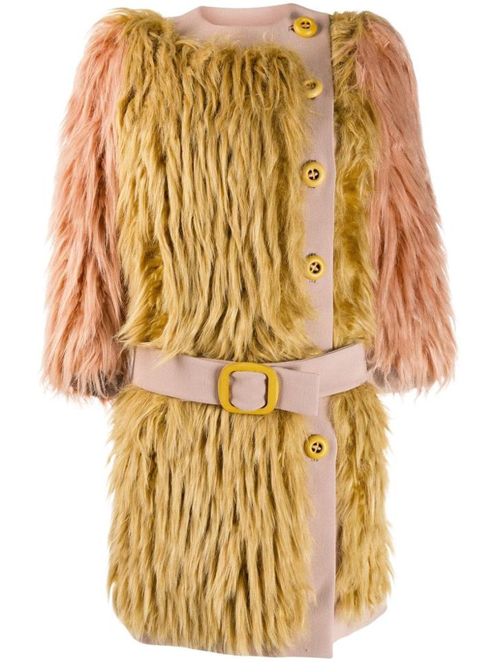 Prada Vintage 2011's Belted Faux Fur Coat - Neutrals