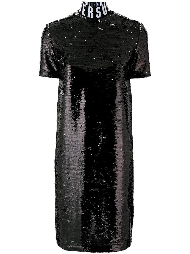 Versus Logo Neck Sequined Dress - Black