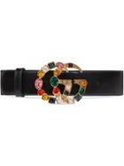 Gucci Leather Belt With Crystal Double G Buckle - Black