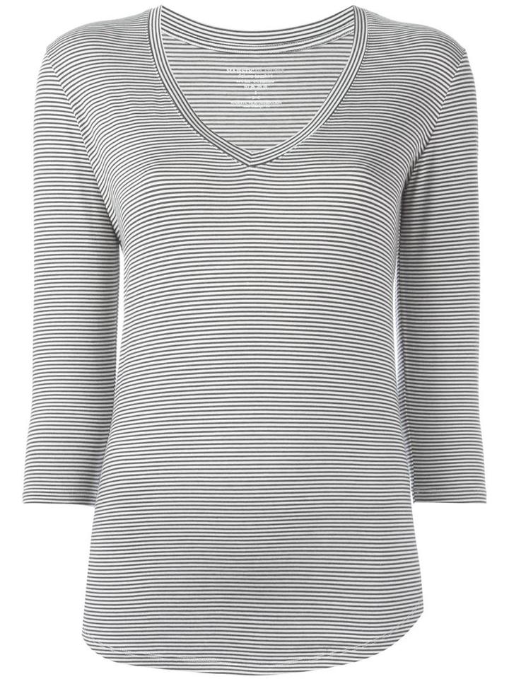 Majestic Filatures - Striped V-neck T-shirt - Women - Silk/elastodiene - 4, Black, Silk/elastodiene